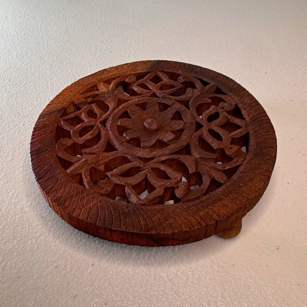 Vintage Hand Carved Wooden Footed Trivet Floral Jali Cutwork India 5"